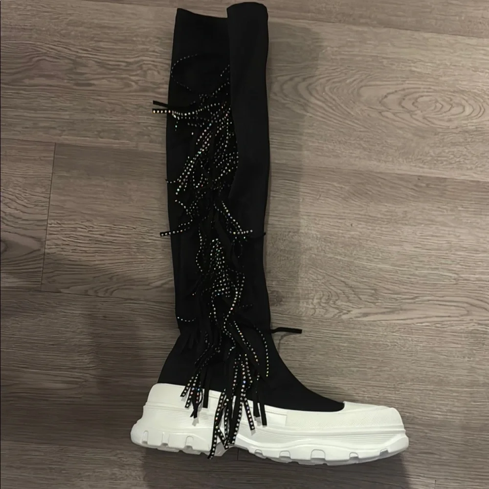 ARETHA - BLACK - BOOTS by CAPE ROBBIN Over-the-Knee Boots with Fringe Detailing